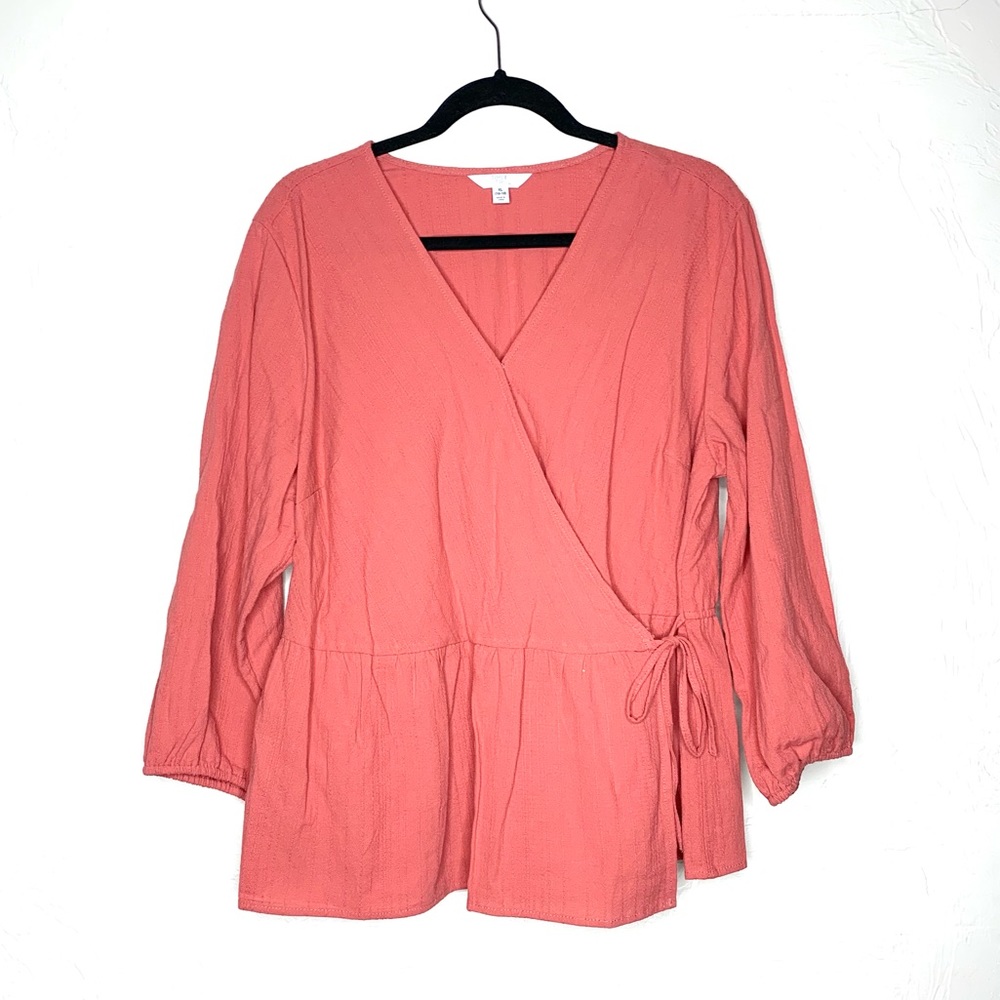 TIME AND TRU Coral 3/4 Sleeve Ruffle Wrap Casual Top XL